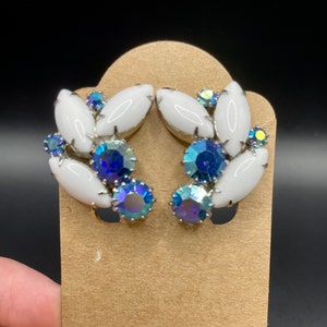 Vintage Weiss Blue AB Rhinestone and Milk Glass Clip Earrings