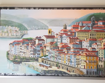 Ribeira of Porto(Portugal) hand painted in acrylic comes with frame attached to it