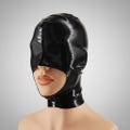Latex tight hood with covered eyes, natural rubber product logo