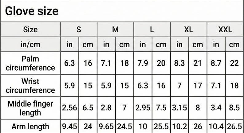 Pu&ograve; includere: Una tabella delle taglie dei guanti con misure in pollici e centimetri. La tabella include la circonferenza del palmo, la circonferenza del polso, la lunghezza del dito medio e la lunghezza del braccio per le taglie S, M, L, XL e XXL.