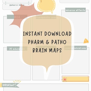 Puede incluir: Un gráfico de descarga digital con un fondo beige claro. El texto "INSTANT DOWNLOAD PHARM & PATHO BRAIN MAPS" es prominente. Otros textos incluyen "DRUG NAME", "trade name", "generic name", "class", "adverse effects", "MOA", "therapeutic uses", "PT education", "contraindications" y "IMPORTANT!".