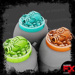 Ruimtehelm - 3D-geprinte pot fles staal CAP Toppers passend bij Citadel Warhammer kleurcontrast schaduw verfpotten - lichtgrijs