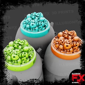 Pile de têtes de mort - Échantillons de décoration de bouchon de bouteille imprimés en 3D pour s'adapter aux pots de peinture à nuances contrastées Citadel Warhammer - Gris clair