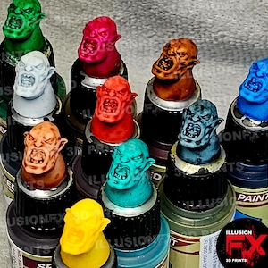 Ork Head - 3D Printed Dropper Bottle Super Mini CAPS 17ml 18ml, to fit Army Painter SpeedPaint 1.0 & 2.0 Warpaints Fanatic - Lt Grey