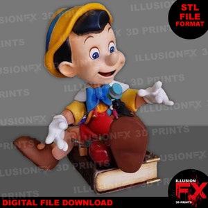Pinocchio auf Buch sitzend - 3D Druck STL File Download, miniatur, Spiel, Cartoon, Printables, dekorativ