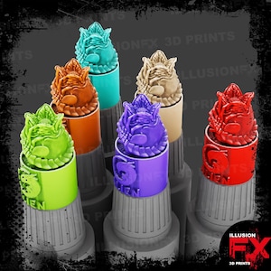 May include: A collection of colorful bottle stoppers with an alien-like design. The stoppers are in various colors, including green, orange, purple, red, and teal. The text "ALIEN" is visible on the base of some stoppers. The logo "ILLUSION FX 3D PRINTS" is in the bottom right corner.