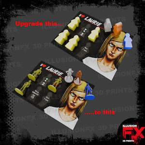 Könnte beinhalten: Das Bild zeigt zwei Spielbretter mit dem Text "5 Laurie" und Illustrationen einer Frau. Das obere Brett hat gelbe Spielfiguren, während das untere Brett Miniaturfiguren hat. Der Text "Upgrade this... to this" ist ebenfalls vorhanden.