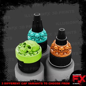 Totenkopf-Dekorationen – Acryl-Monument-Hobbys – 3D-gedruckte Farbmuster-Kappenringe/Verschlüsse für 22-ml-Farbtöpfchen in Kontrastfarben – Hellgrau