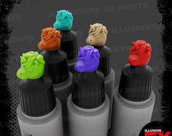 Testa di unicorno - Flacone contagocce stampato in 3D Micro CAPS per Army Painter 17ml 18ml SpeedPaint 1.0 e 2.0 Warpaints Fanatic - Tappi grigio chiaro