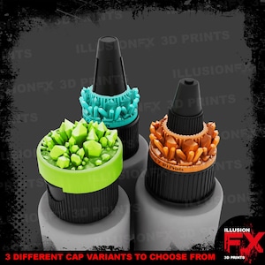 May include: Three different cap variants are displayed, each with a unique design. One is green with a crystal-like structure, another is teal with a similar design, and the third is orange. The text "3 DIFFERENT CAP VARIANTS TO CHOOSE FROM" is visible.