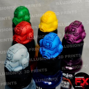 Space Helmet Head- 3D Printed Dropper Swatch Super Mini CAPS, to fit NEW Vallejo Paint Bottles (clear bottles, security ring) - Lt Grey Caps