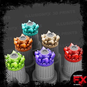May include: A collection of six cylindrical 3D printed containers, each topped with a cluster of jagged crystals in distinct colours including teal, orange, beige, green, purple, and red, set against a dark background with watermark text.