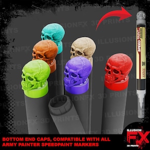 May include: A selection of skull-shaped bottom end caps in various colours for Army Painter Speedpaint markers. The caps are teal, orange, green, purple, beige, and red. A Speedpaint marker is also visible in the image.