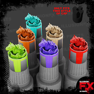 May include: A collection of six bottle caps, each topped with a small, detailed dragon figurine in a different color: teal, orange, green, purple, beige, and red. The caps are gray with vertical ridges and feature the text ONLY FITS THIS STYLE OF CAP.