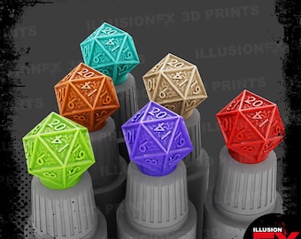 May include: A set of six twenty-sided dice in teal, orange, lime green, purple, beige, and red, each featuring intricate raised patterns and numbers. The dice are mounted on individual gray cylindrical stands against a dark background.