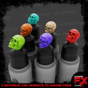 May include: A collection of six paint dropper bottles, each topped with a unique skull-shaped cap in vibrant colors including teal, orange, lime green, purple, beige, and red. The black ribbed caps feature detailed, realistic human skull designs.