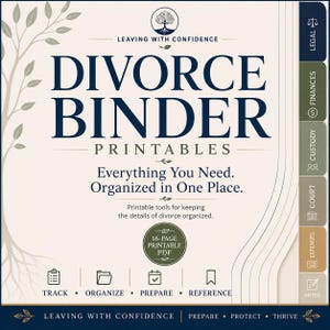 Può includere: Un raccoglitore per divorzio in PDF stampabile da 16 pagine con sfondo crema, testo blu scuro e un grafico ad albero. La copertina presenta il testo "DIVORCE BINDER PRINTABLES" e "Everything You Need. Organized in One Place." con schede laterali per legale, finanze, custodia, tribunale, spese e note.