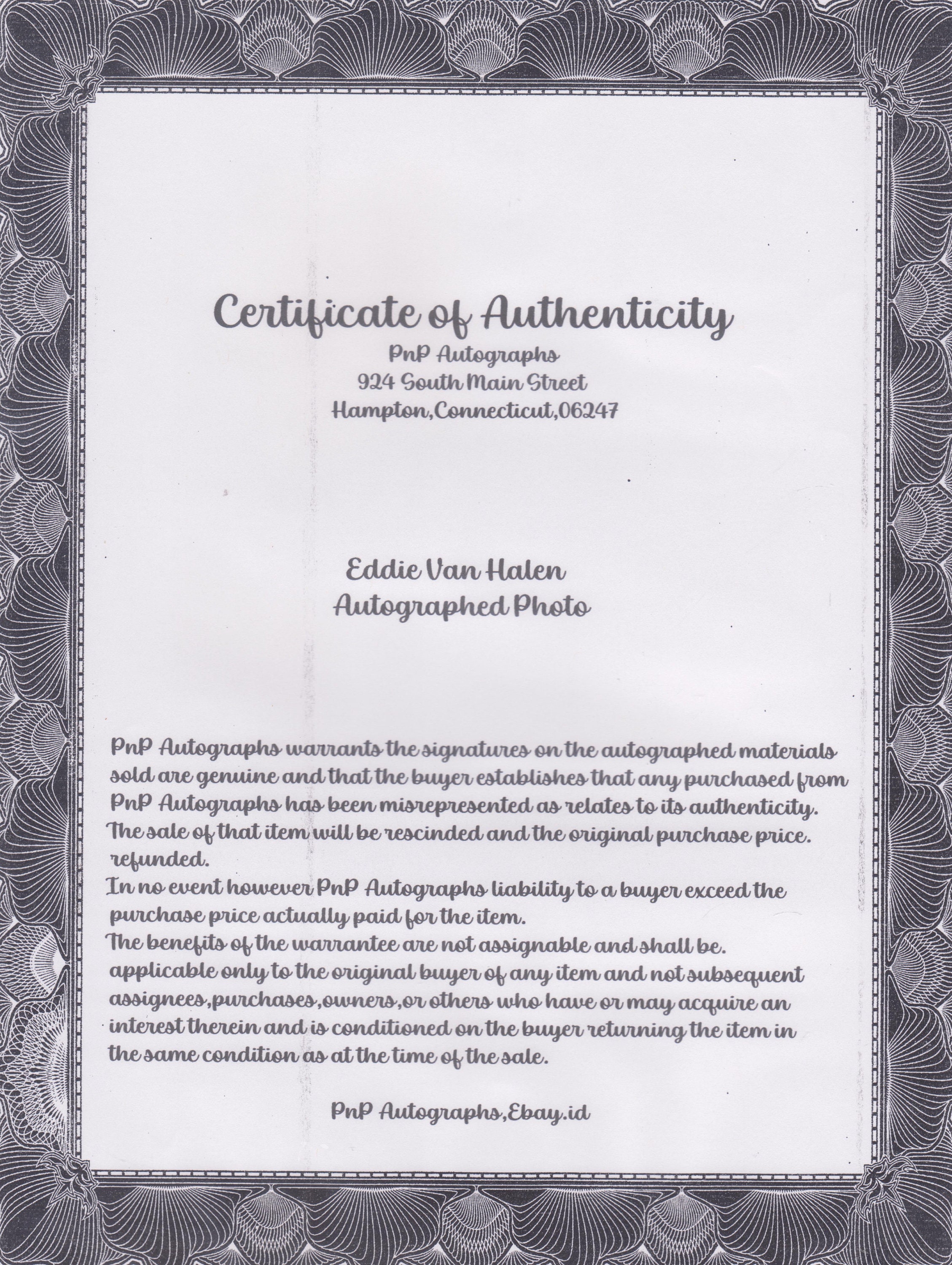 サイン入りエディ・ヴァン・ヘイレン写真、COA付き、直筆サイン
