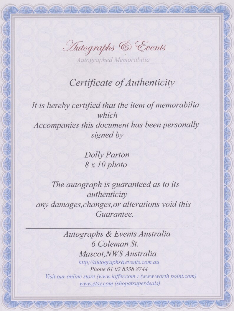Autograph Address Website Signed DOLLY PARTON Autographed Country Legend W/ COA - Etsy