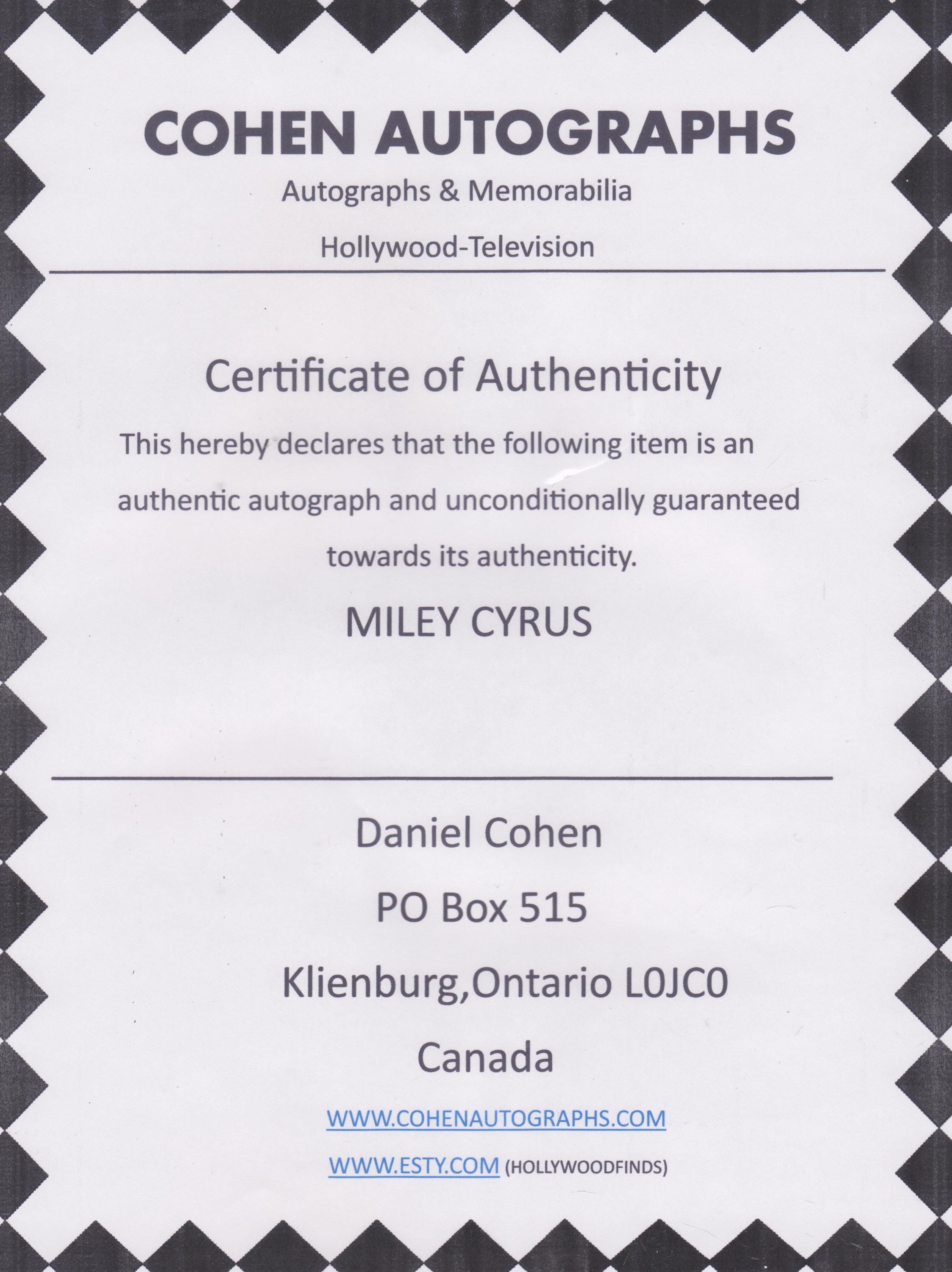 サイン入り MILEY CYRUS 写真、COA 付き、直筆サイン入り - ハンナ
