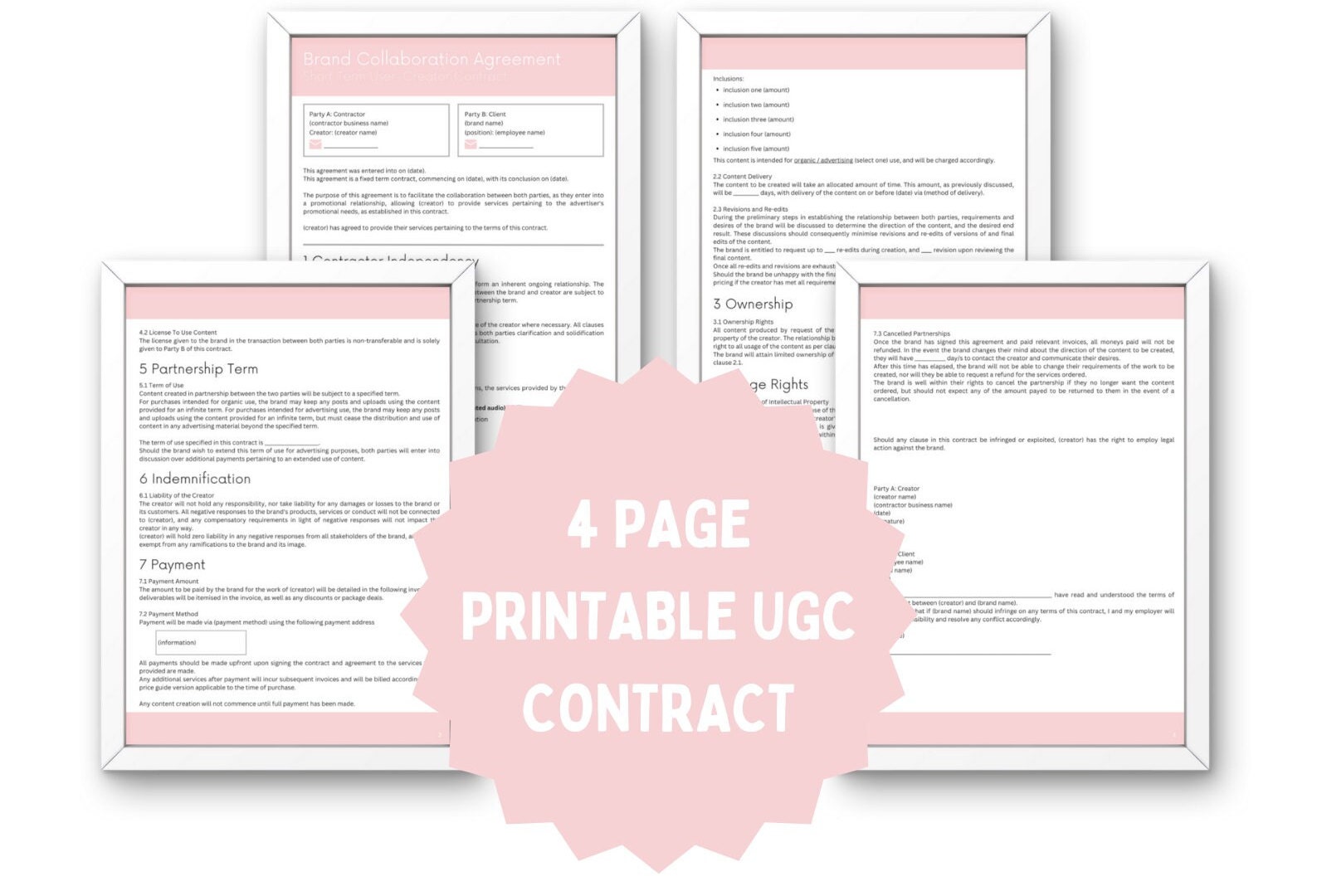 Editable UGC Contract Template Influencer Contract Brand Etsy
