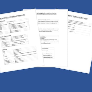 May include: Three pages of a Microsoft Word keyboard shortcuts guide. The first page lists general shortcuts, moving around a document, and editing text. The second page lists shortcuts for selecting text, and the third page lists shortcuts for working with tables.