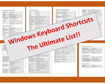 May include: A gray and red graphic with the text "Windows Keyboard Shortcuts The Ultimate List!!" on a white background. The graphic is over a set of white pages with black text listing keyboard shortcuts for various Windows programs.