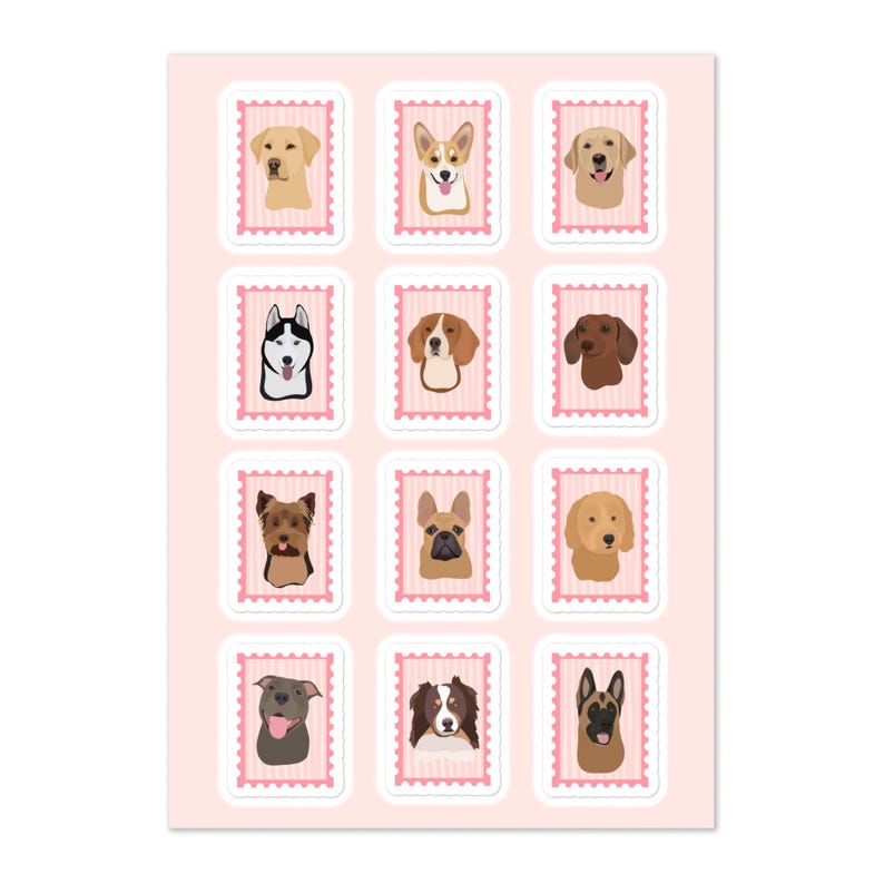 May include: A sheet of stickers featuring various dog breeds, each in a postage stamp design with a pink border. The dogs include a Labrador, Corgi, Husky, Beagle, and others, all set against a light pink background.