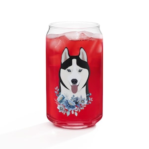 Husky Dog Glass with Elegant Blue Flowers | Custom | 16oz Cute Drinkware for Husky Lovers