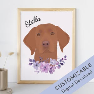 Portrait numérique Vizsla, motif floral personnalisé avec nom du chien, TÉLÉCHARGEMENT NUMÉRIQUE, portrait numérique d'animal de compagnie, cadeau pour maman Vizsla, portrait Vizsla