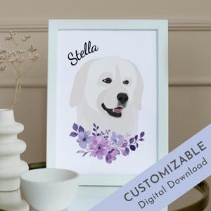 Custom Great Pyrenees DIGITAL Portrait, Floral Dog Portrait, Personalized DOWNLOAD, Great Pyrenees Mom Gift, Dog Lover Gift, Pet Memorial