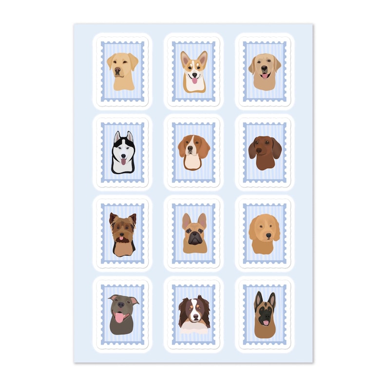 May include: A sheet of stickers featuring various dog breeds, each presented as a postage stamp. The stamps have a light blue background with vertical stripes and a white border. The dogs are depicted in a cartoon style, with a variety of colors and markings.