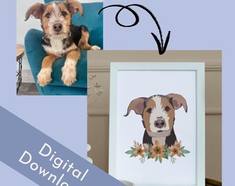 May include: Digital download of a custom pet portrait illustration. The illustration features a brown and white dog with a black nose and brown eyes. The dog is surrounded by orange flowers.