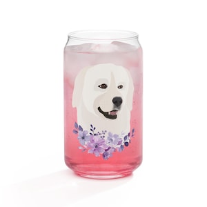 Personalized Great Pyrenees Glass with Purple Floral Design | 16oz Hand-Drawn Drinkware for Dog Lovers