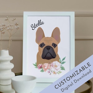 Custom French Bulldog Portrait DIGITAL DOWNLOAD, Hand-Drawn Floral Art for Frenchie Dog Lovers, Personalized Gift for Frenchie Owners