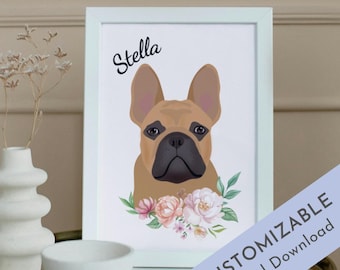 Custom French Bulldog Portrait DIGITAL DOWNLOAD, Hand-Drawn Floral Art for Frenchie Dog Lovers, Personalized Gift for Frenchie Owners