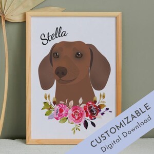 Custom Dachshund Portrait, Digital Download, Custom Hand-Drawn Floral Doxie Art, Doxie Mom Gift, Dachshund Memorial Gift, Weiner Dog Art