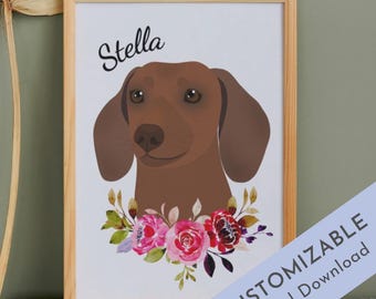 Custom Dachshund Portrait, Digital Download, Custom Hand-Drawn Floral Doxie Art, Doxie Mom Gift, Dachshund Memorial Gift, Weiner Dog Art