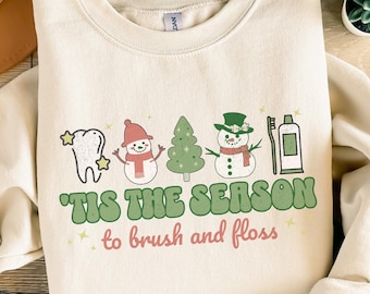 Christmas Dental Sweatshirt Cute Gift for Dentist Practice RDH Sweater Holiday Festive Teeth Dental Hygienist Toothbrush Xmas Tree Crewneck