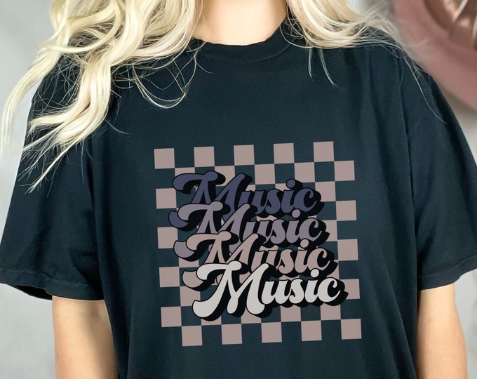 Music Retro Shirt Trendy Checkerboard Vintage Music T-Shirt Gift Music Lover Music Teacher Gift for Her Rock Band Vibe Graphic Tee Unisex