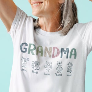 Personalized Grandma T-Shirt with Grandkids as Forest Animals, Custom Grandma Shirt, Grandkids Name Shirt, Gift for Nana, Mother&#39;s Day Gift
