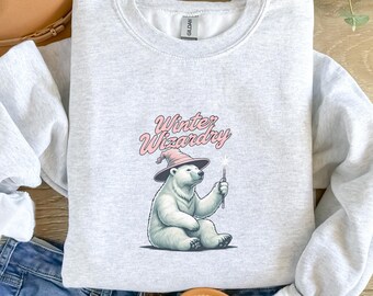 Winter Wizardry Crewneck Magic Polar Bear Sweatshirt Whimsical Funny Sweater Cute Wizard Animal Meme Gift Idea Fantasy Reader Chilly Vibes