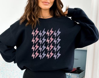 Sudadera con estampado de rayos, sudadera de moda, suéter con rayos, sudadera Y2K, cuello redondo extragrande de manga larga, estética de mamá cómoda