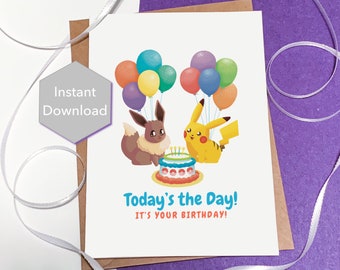 Imprimible Let's Go Poke Pika-Vee Tarjeta de cumpleaños para niños Descarga instantánea