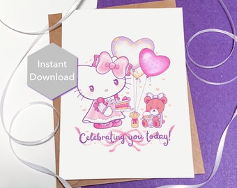 Printable Berry Kitty Girl’s Birthday Card Instant Download
