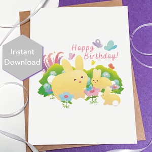 Cartão de aniversário infantil para impressão de coelhinhos de jardim, download instantâneo