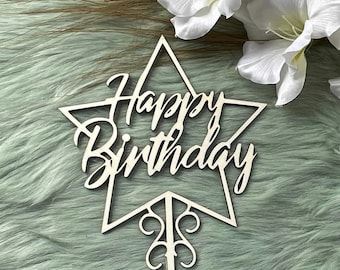 Cake topper "Happy Birthday" made of poplar plywood in different designs, birthday cake topper made of wood, laser cut cake topper happy birthday