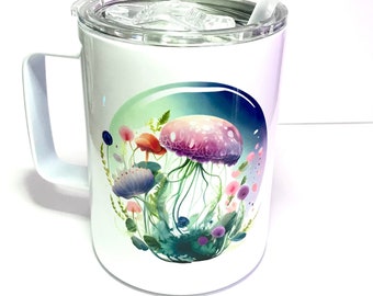 Jellyfish travel mug,Floral jellyfish mug,Jellyfish illustration travel mug,Non spill cup,Insulated travel mug,Jellyfish coffee cup