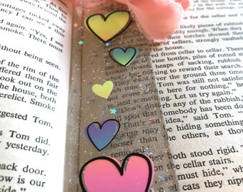 Glitter bookmark,Hearts bookmark,Acrylic bookmark with hearts,Glitter acrylic bookmark,Sparkling bookmark,Acrylic bookmark with ribbon