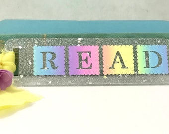 Glitter bookmark,Read bookmark,Acrylic bookmark,Glitter acrylic bookmark,Rainbow bookmark,Acrylic bookmark with yellow ribbon